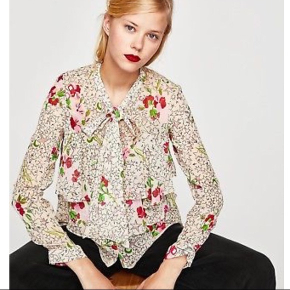 Zara Ruffled Star Floral Tie-Neck L/S Blouse M - Picture 2 of 8